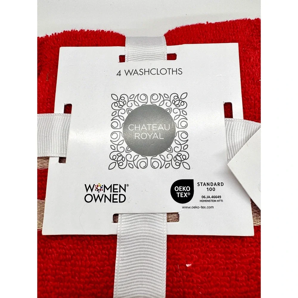 Chateau Royal Red Washcloths‎ Set of 4 Gold Metallic Stripe Cotton New